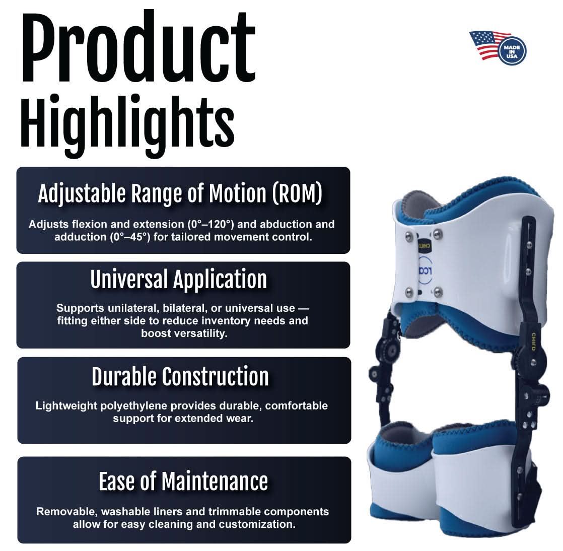 Blue and white bilateral hip abduction orthosis with adjustable straps and padded areas, made in the USA by RCAI, top choice .