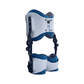 White and navy bilateral hip abduction orthosis with padded blue lining and adjustable black metal hinges, made in the USA,.