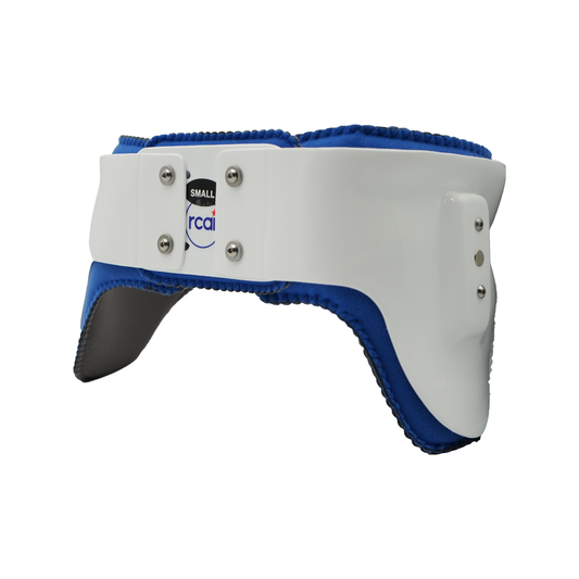 Hip abduction orthosis girdle in white and blue with steel rivets, labeled small size, made in the USA by RCAI, featured as.