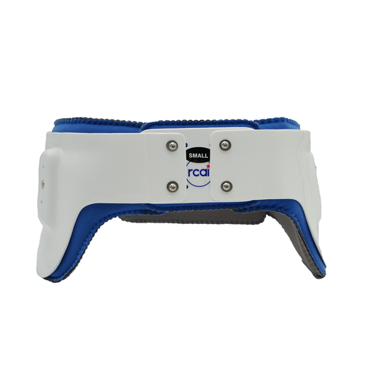 White and blue hip abduction orthosis girdle with adjustable straps, size small, made in the USA by RCAI, top choice in B2B.