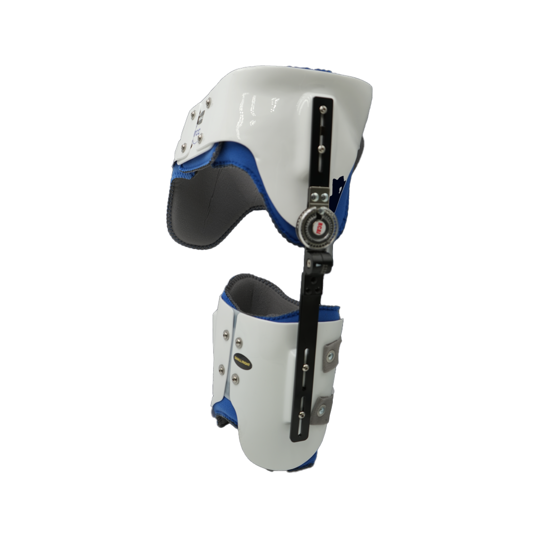White and blue hip abduction orthosis brace with adjustable black metal hinges, made in the USA, RCAI, B2B Orthopedics.