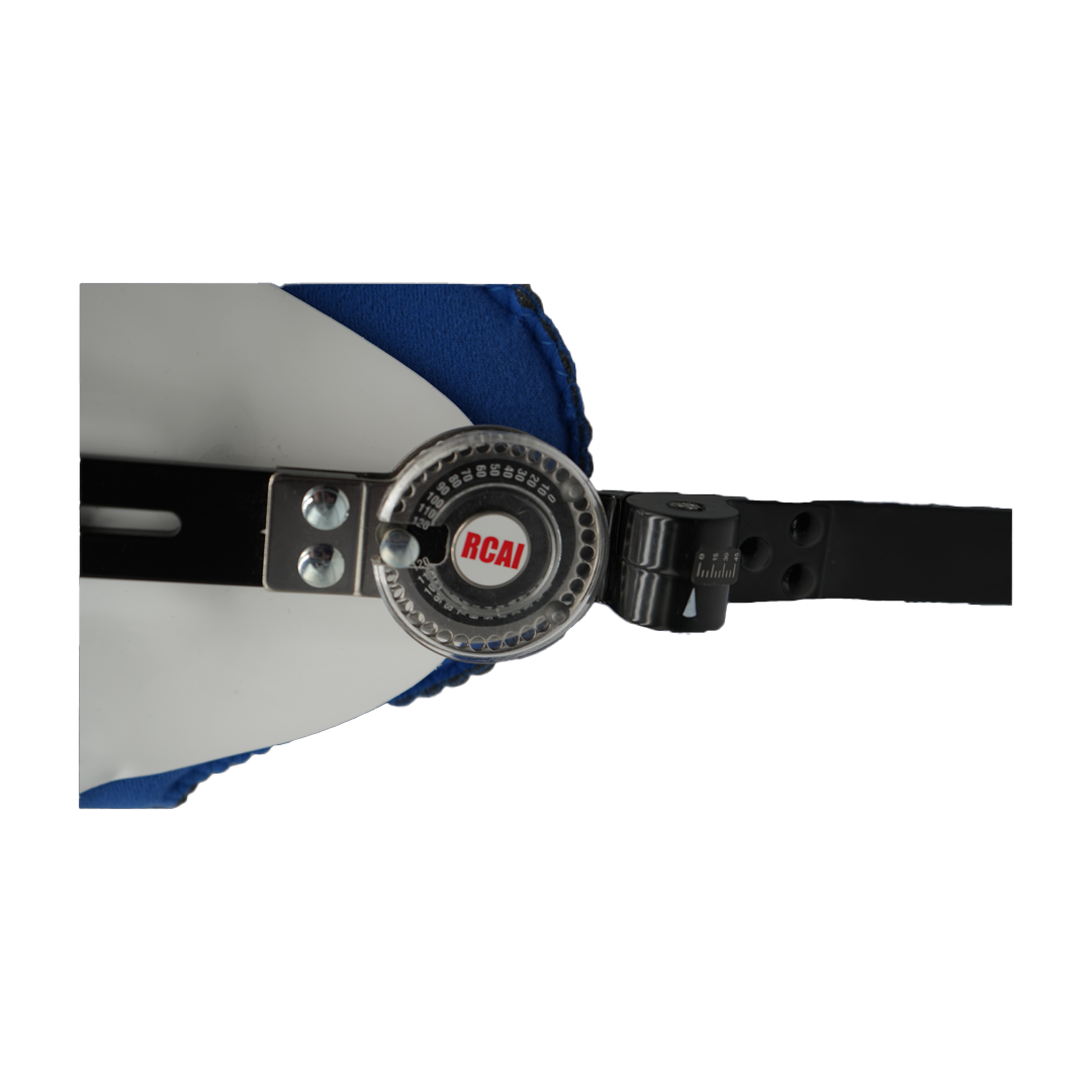 Close-up of blue and black hip abduction orthosis hinge with RCAI logo, featuring metal adjustment dial and black strap,.