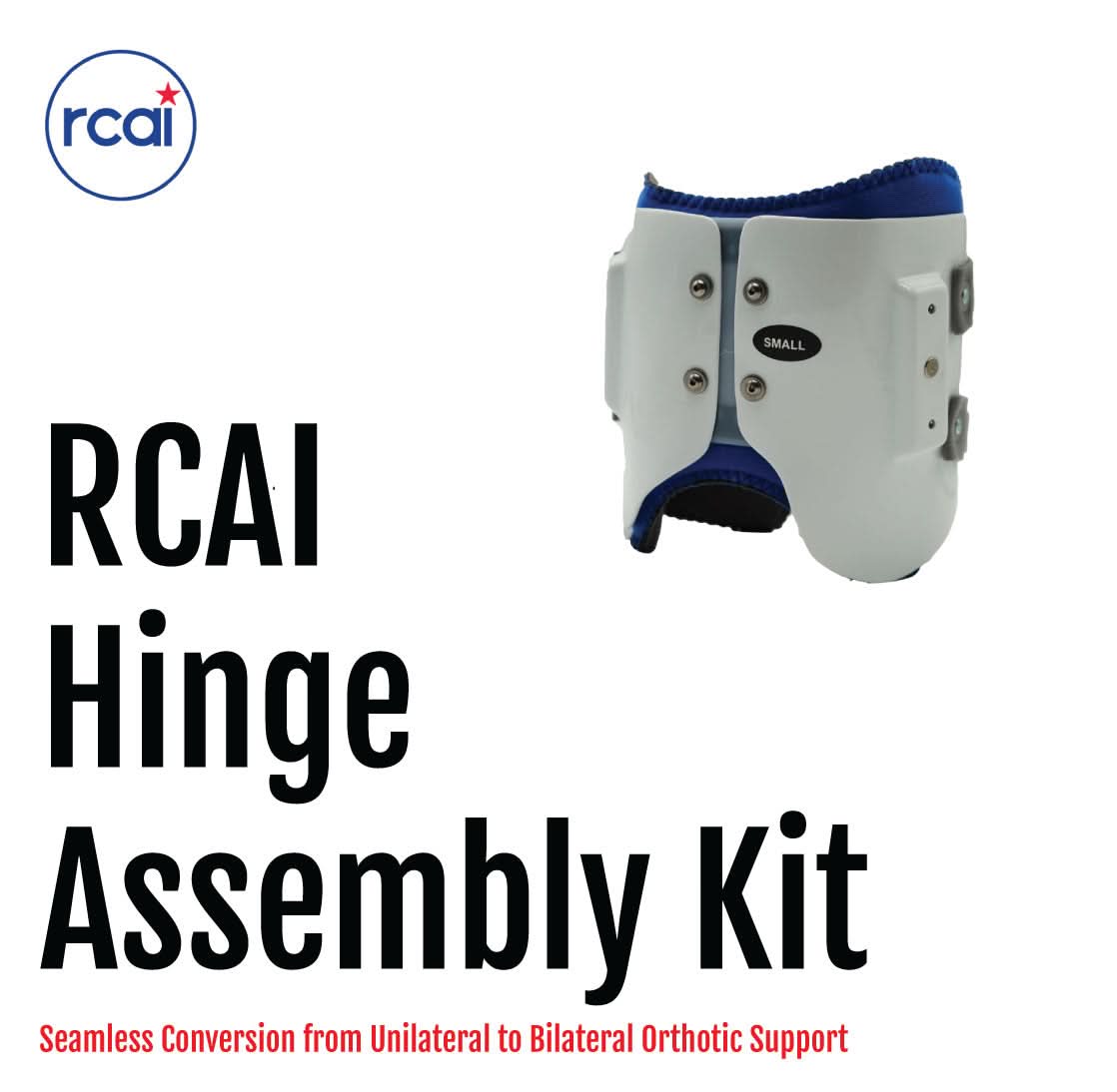 White and navy orthopedic hinge assembly kit with metal hinges and adjustable fasteners, made in the USA by RCAI, best.