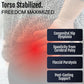 Torso stabilized with red heat map highlighting hip area, listing congenital hip dysplasia, cerebral palsy spasticity,.