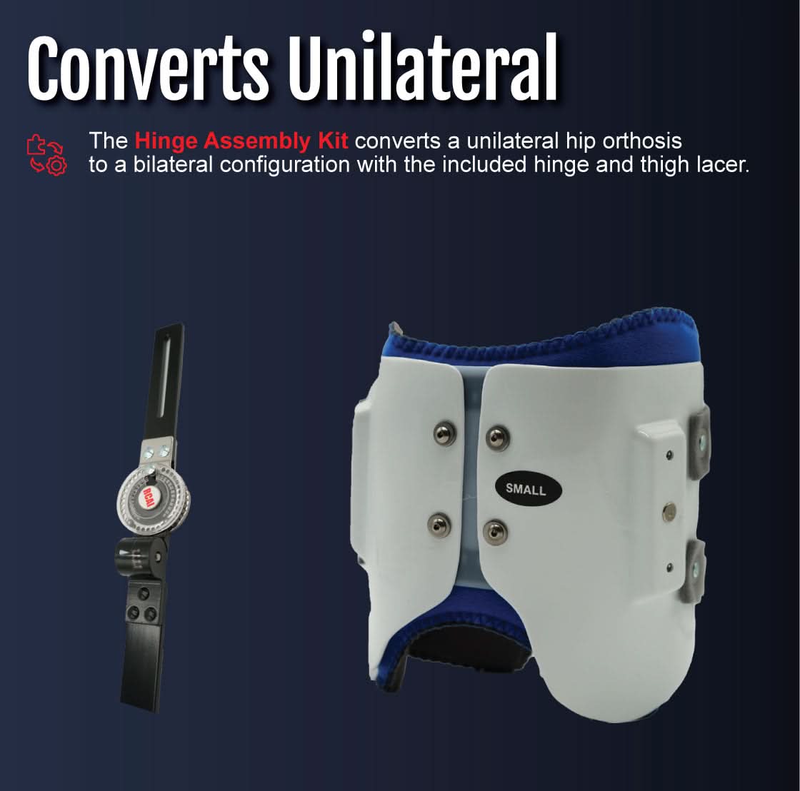 White orthopedic hip brace with blue inner padding and adjustable metal hinge, made in the USA, RCAI B2B orthopedics.