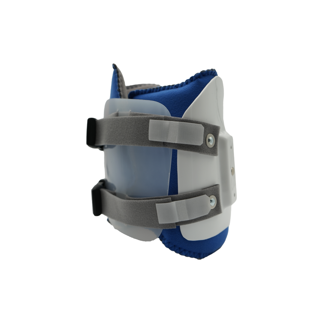 White and blue orthopedic hinge assembly kit with padded interior and two adjustable gray straps featuring hook-and-loop.