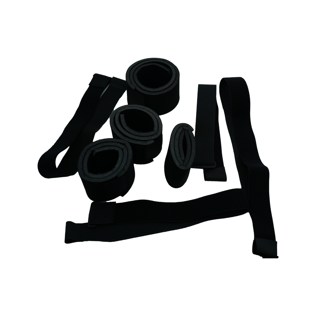 Set of black Velcro straps in various widths and lengths designed to secure a post-operative knee brace accessory kit.