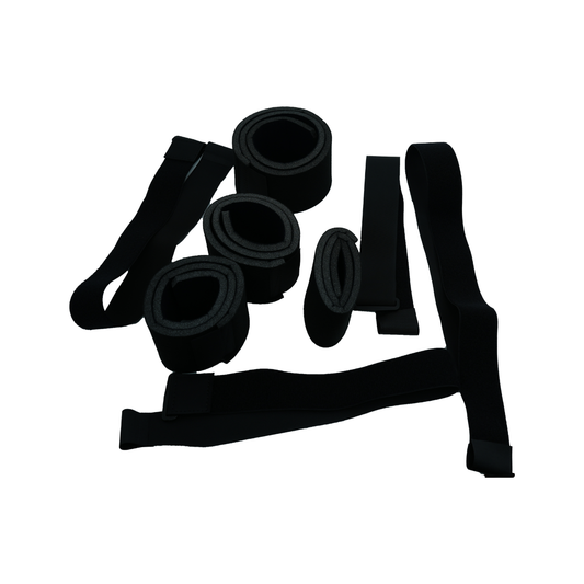 Set of black Velcro straps in various widths and lengths designed to secure a post-operative knee brace accessory kit.