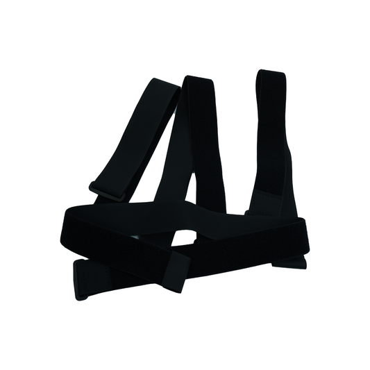 Black adjustable elastic straps with hook-and-loop fasteners designed for securing a knee brace accessory.
