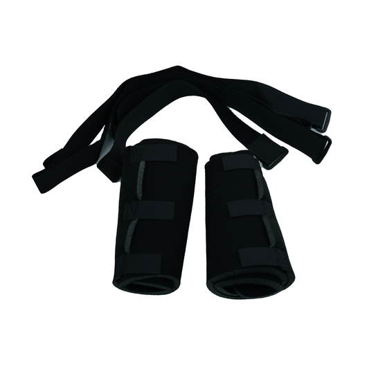 Black pediatric knee brace accessory kit with two padded cylindrical supports and adjustable securing straps.