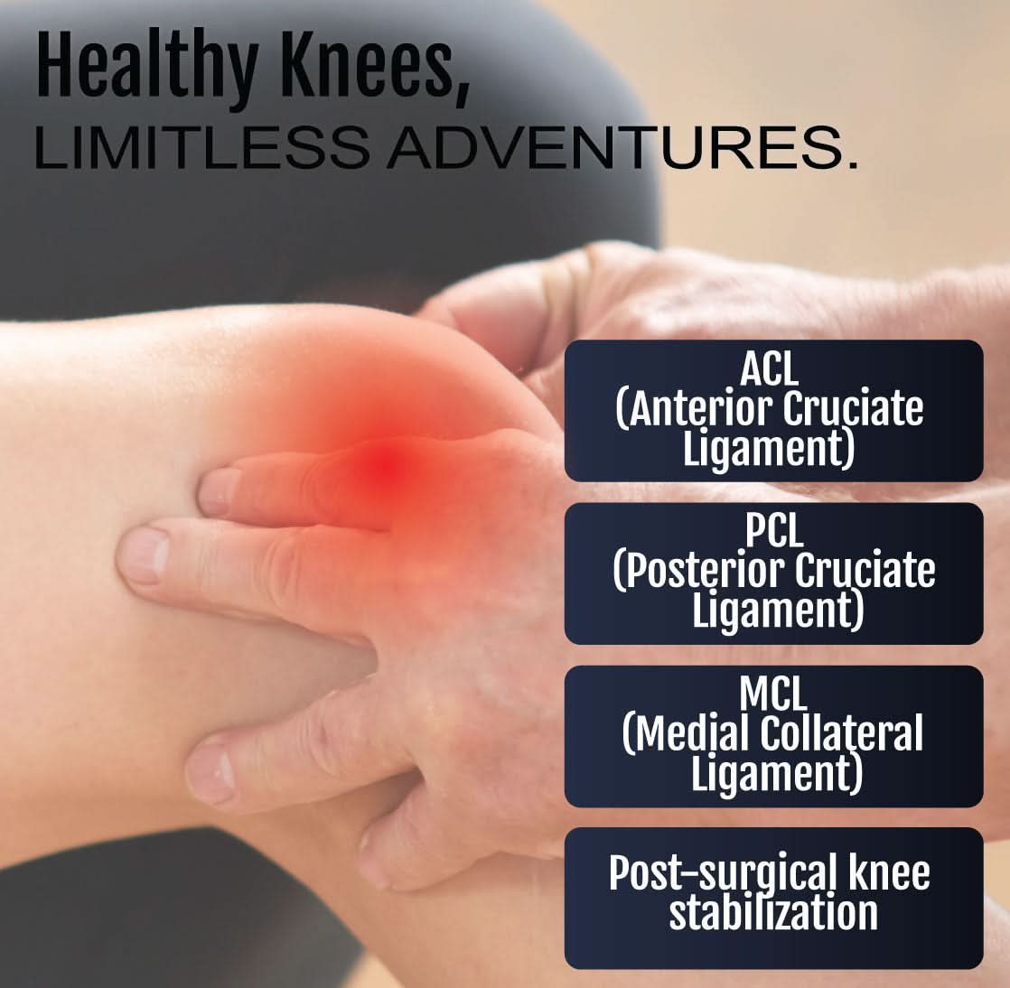 Child’s knee with hand gently supporting area of pain highlighted in red, overlaid text showing knee ligaments and.