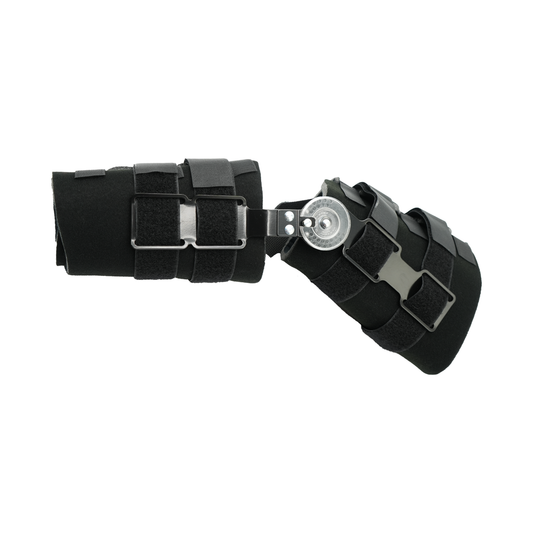 Black Post Operative Pin® knee brace with adjustable metal hinges and straps, made in the USA, best orthopedic braces for.