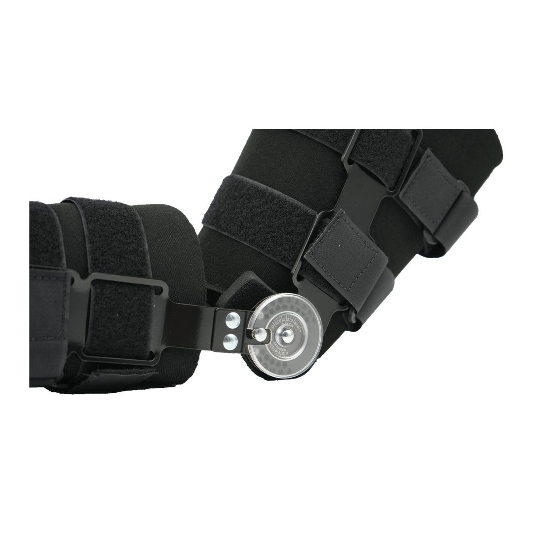 Black Post Operative Pin® knee brace with adjustable metal hinge, multiple Velcro straps, made in the USA, RCAI, best.