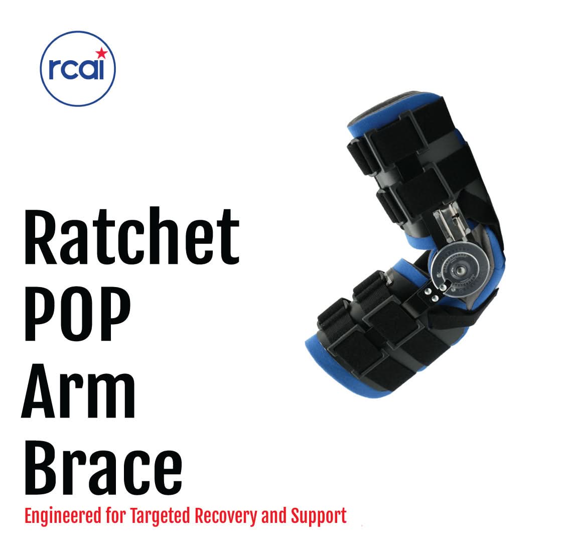 Blue and black Ratchet POP Arm Brace with adjustable straps and metal hinge, made in the USA, RCAI brand, designed for.
