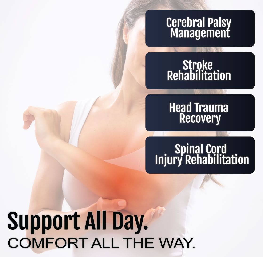 White and beige Ratchet POP Arm Brace by RCAI worn on left arm, highlighting support areas, made in the USA, best orthopedic .