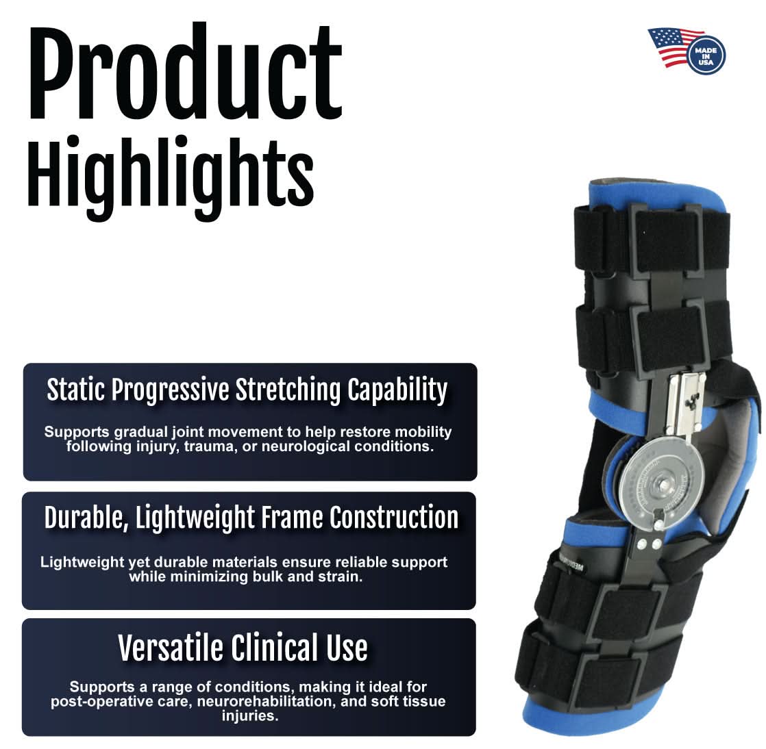Ratchet POP Arm Brace by RCAI with adjustable black straps, silver hinge, and blue padding, made in the USA, best orthopedic .