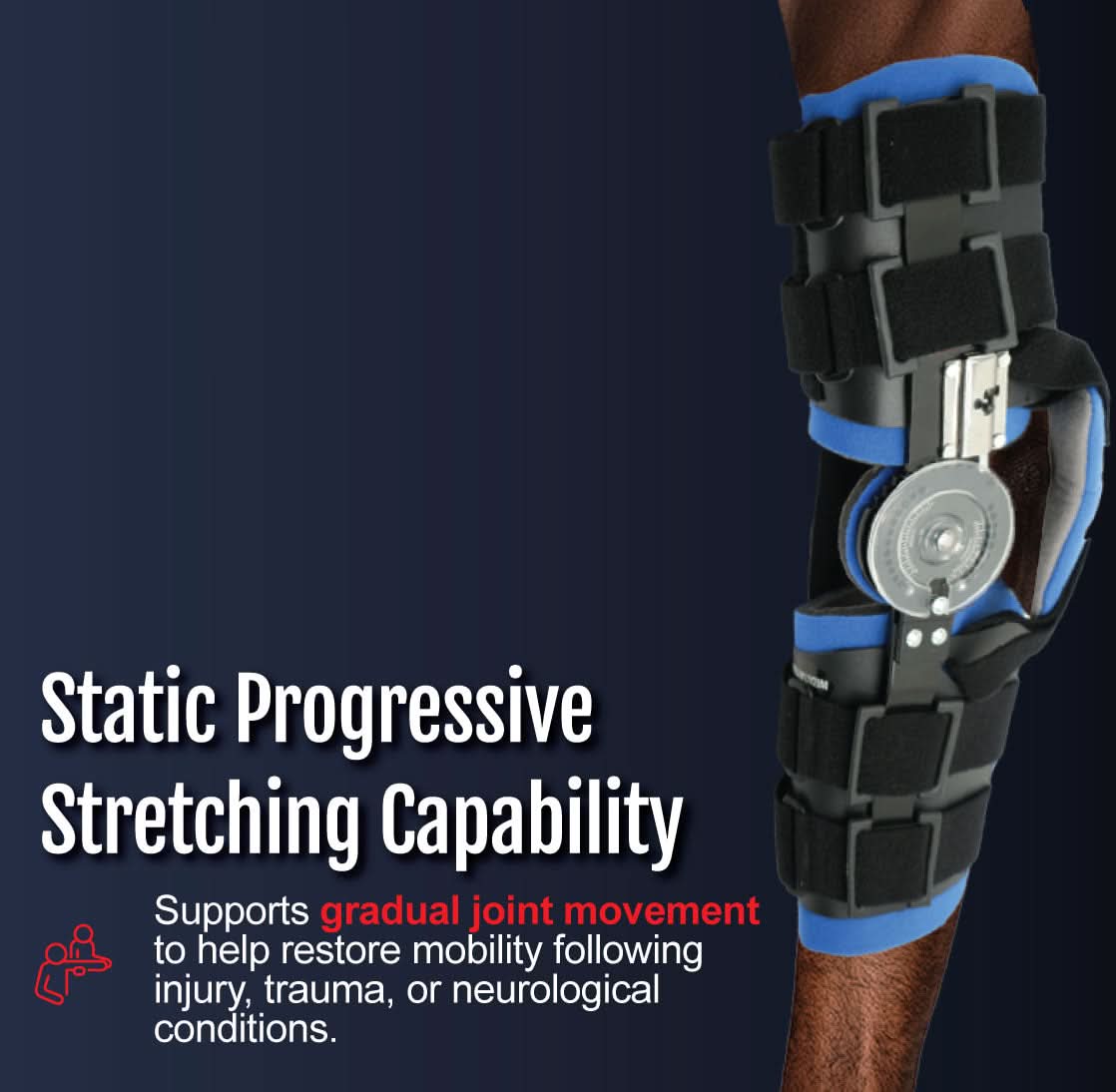 Black and blue Ratchet POP Arm Brace by RCAI with adjustable metal hinges and multiple velcro straps, designed for.