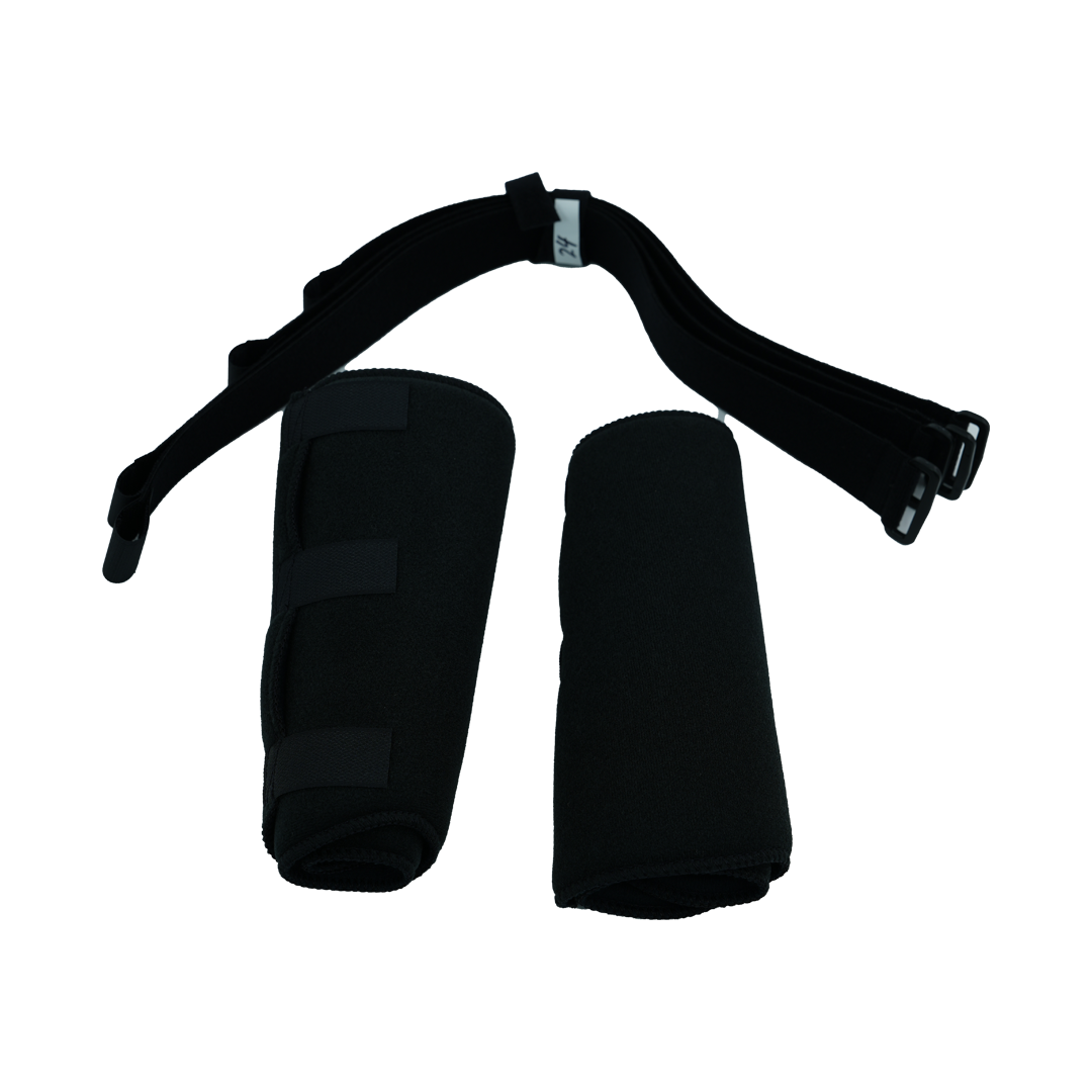 Black universal leg brace accessory kit with two padded, contoured support sleeves and an adjustable strap with buckle.