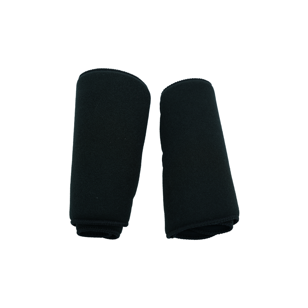 Pair of black neoprene leg brace sleeves, shaped to fit calves, smooth texture, seamless design for comfort and support.
