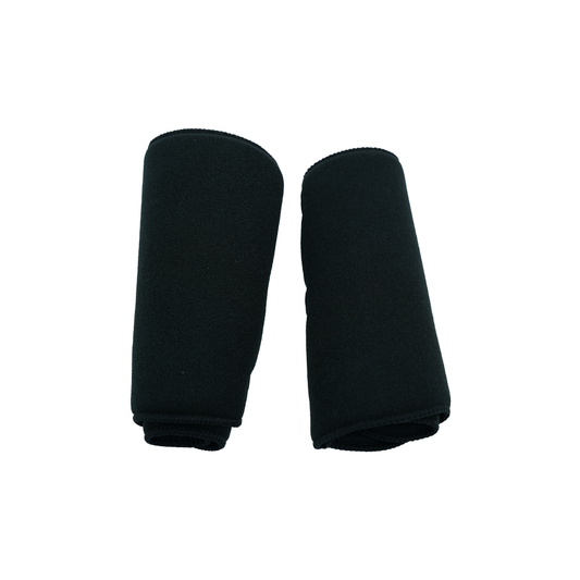 Pair of black neoprene leg brace sleeves, shaped to fit calves, smooth texture, seamless design for comfort and support.