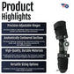 Black universal leg brace with adjustable hinges, anatomically contoured sections, and durable materials, labeled made in.