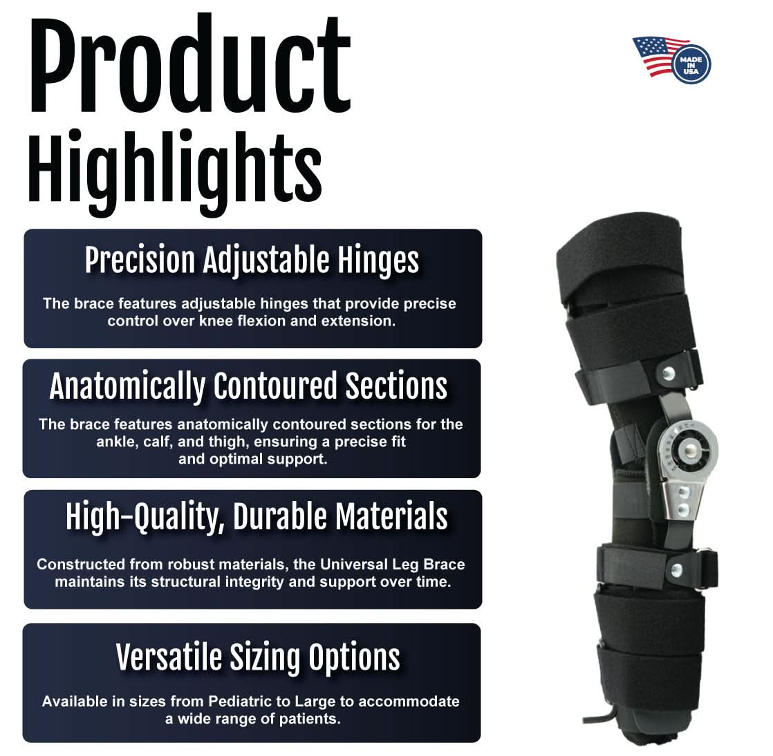 Black universal leg brace with adjustable hinges, anatomically contoured sections, and durable materials, labeled made in.