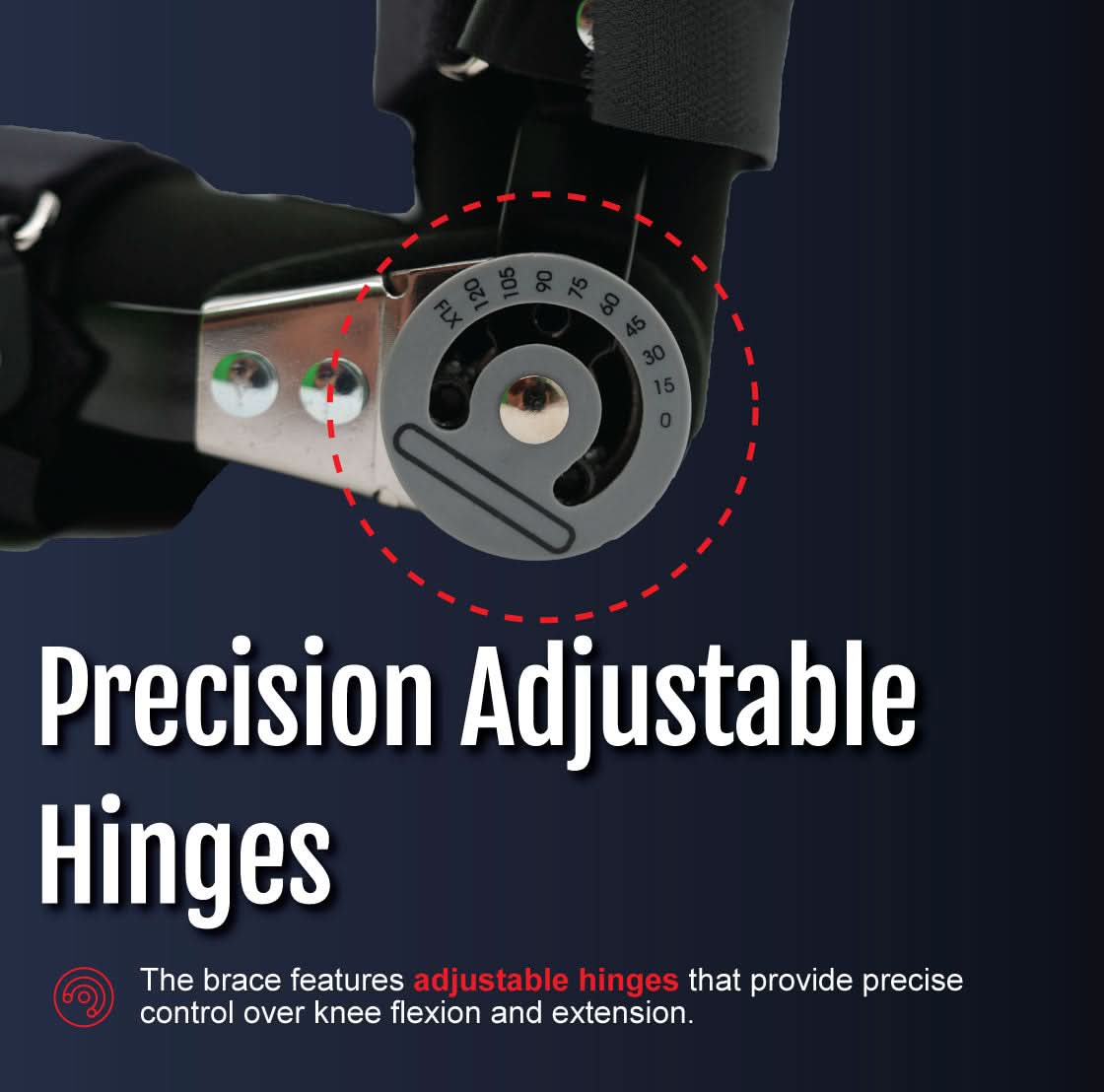 Close-up of black universal leg brace featuring precision adjustable hinge with numbered settings, designed for optimal.