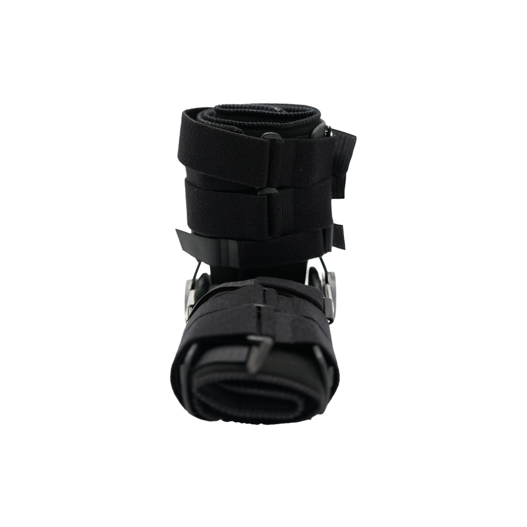Black universal pediatric leg brace with adjustable Velcro straps and metal hinges, designed for optimal support, made in.