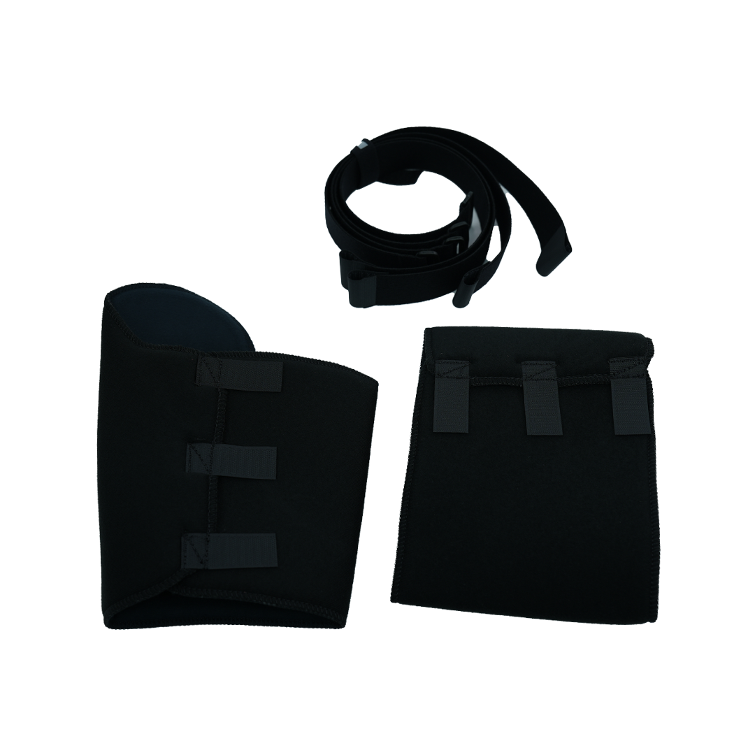 Black universal arm brace accessory kit featuring two padded fabric wraps with adjustable straps and a long black securing.