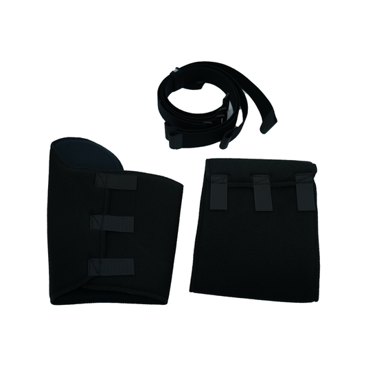 Black universal arm brace accessory kit featuring two padded fabric wraps with adjustable straps and a long black securing.