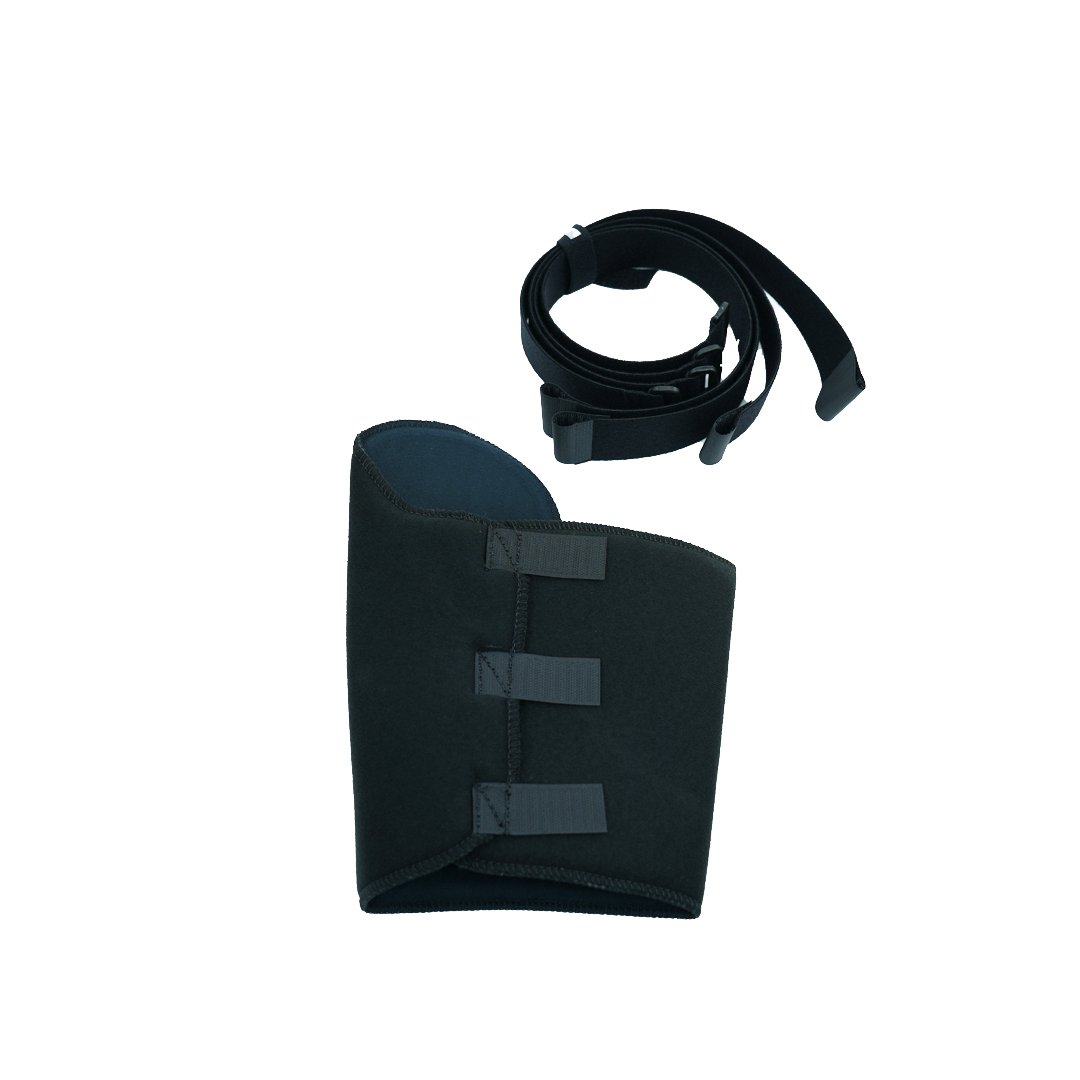 Black universal arm brace with three adjustable hook-and-loop straps, accompanied by a detachable black strap accessory.