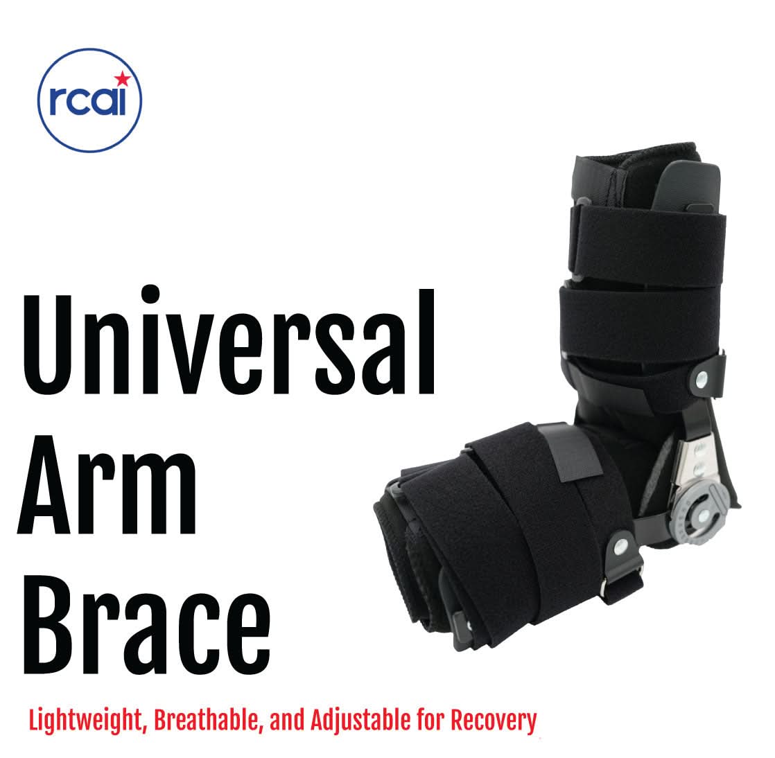 Black adjustable RCAI universal arm brace with padded support and secure Velcro straps, made in the USA, ideal for B2B.