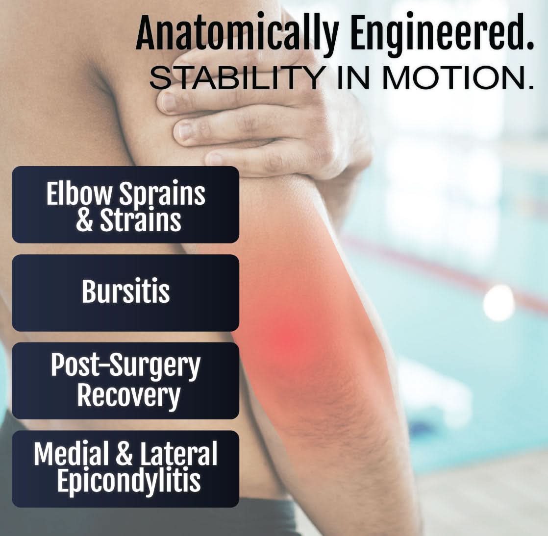 Arm with highlighted red area on elbow showing pain points, RCAI universal arm brace for stability in motion, made in the.