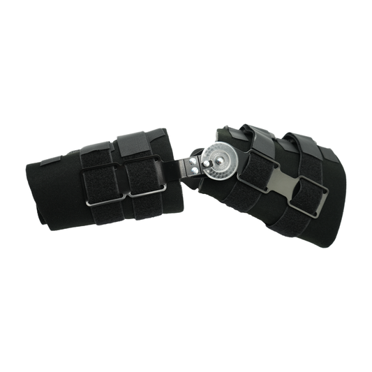 RCAI universal arm brace in black with adjustable metal hinge, padded straps, made in the USA, best orthopedic braces for.