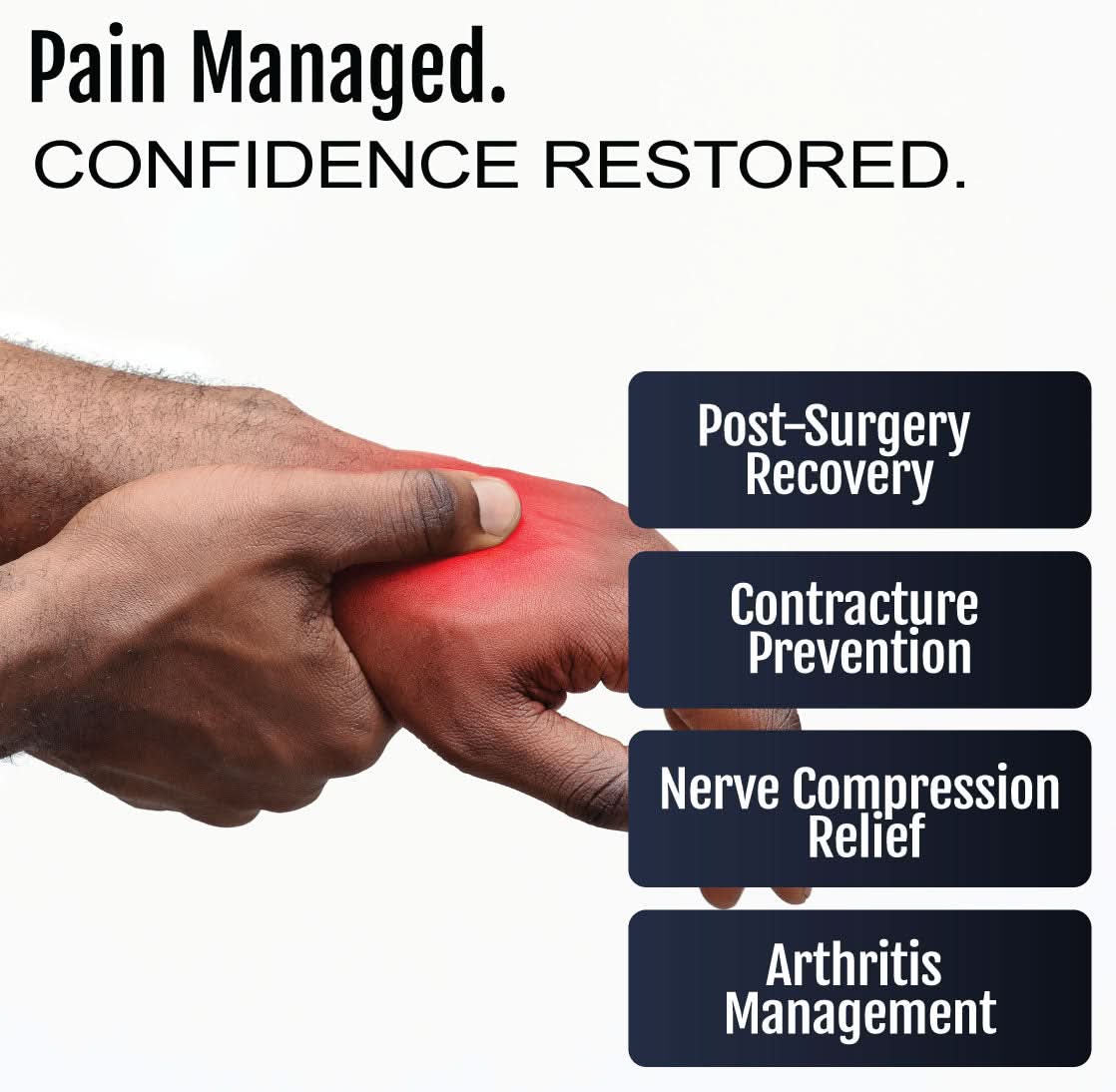 RCAI adaptable resting hand brace on right hand, made in the USA, designed for post-surgery recovery and pain management,.