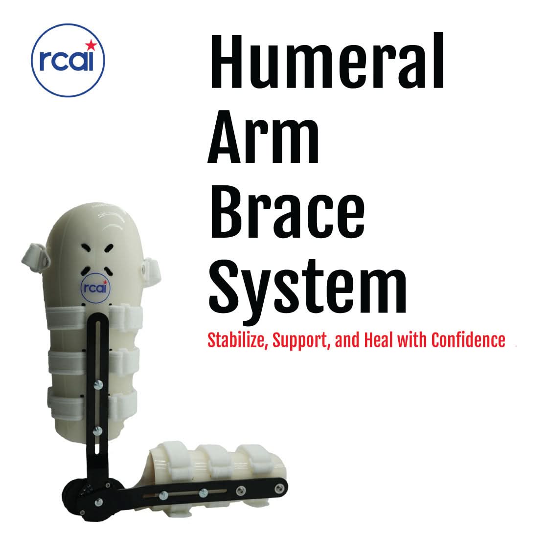 Humeral arm brace system in beige with multiple adjustable straps on black frame, labeled RCAI, made in the USA, designed.