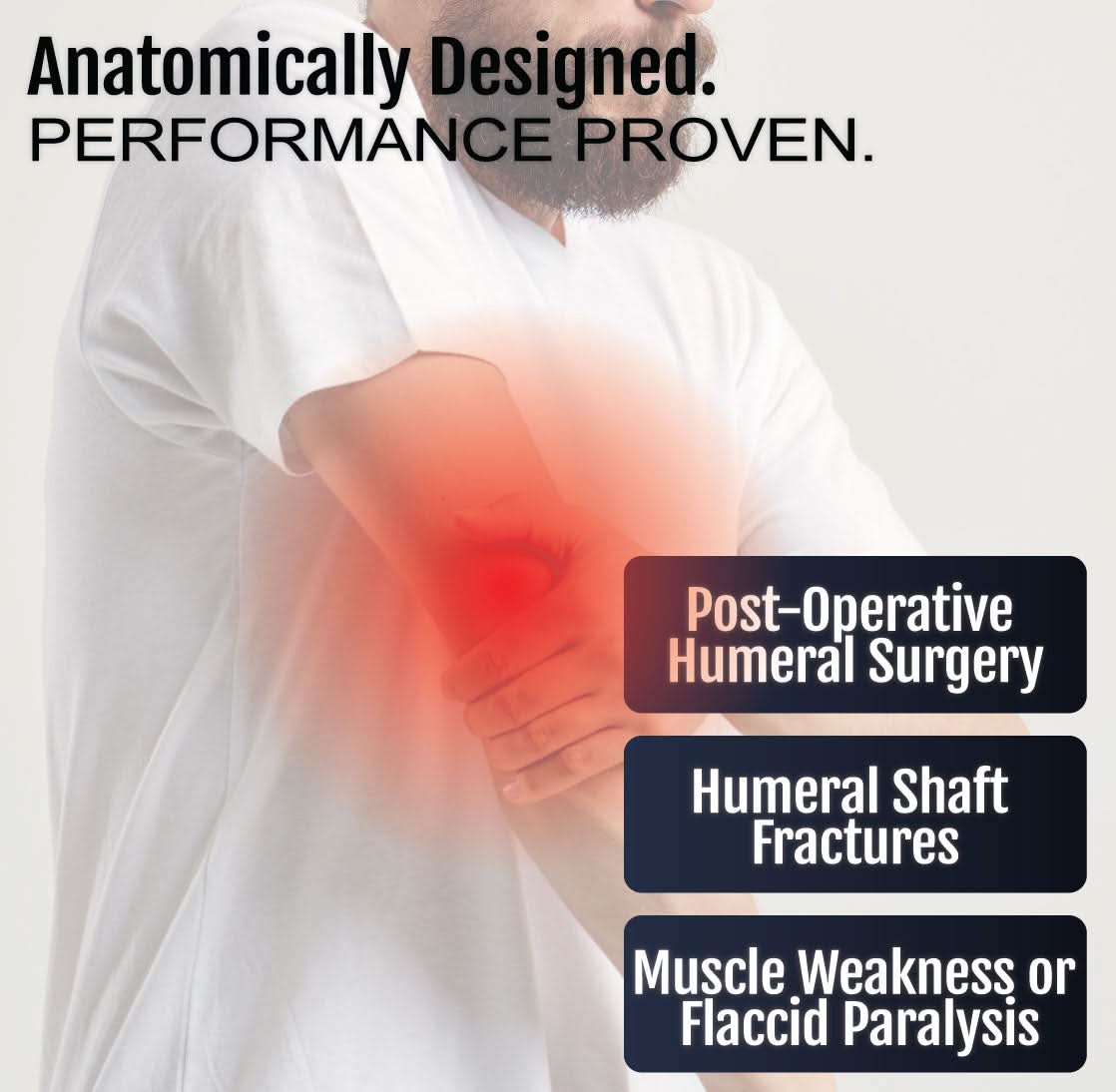 White adjustable humeral arm brace worn on left arm with red highlight on elbow area, promoting support for post-operative.