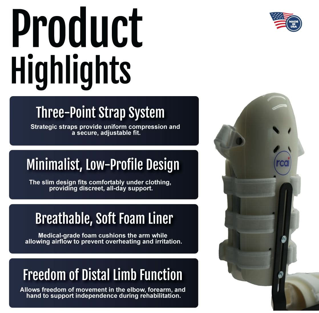 Humeral arm brace system in olive green with three-point strap design, breathable soft foam liner, labeled made in the USA.