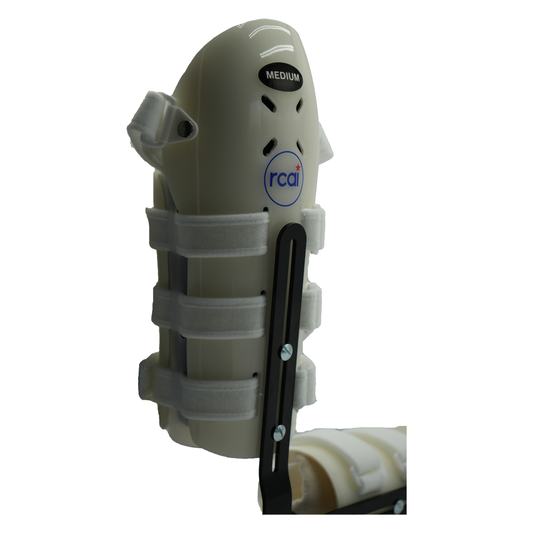 Beige humeral arm brace with three adjustable white straps and black metal hinge, medium size, branded with blue RCAI logo,.