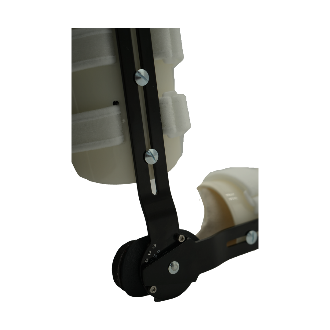Black metal hinge mechanism with adjustable screws on tan humeral arm brace strap, made in the USA, RCAI best orthopedic.