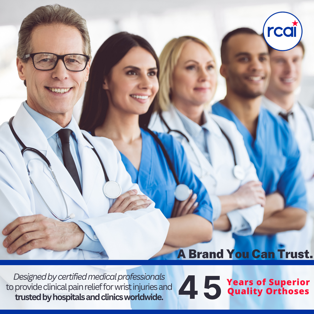 Group of five diverse medical professionals in blue and white uniforms smiling confidently with folded arms, RCAI logo and.