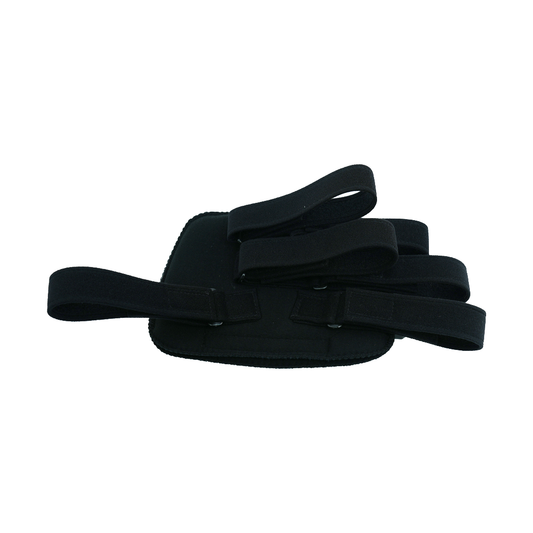 Black rectangular padded brace with three adjustable elastic straps featuring hook-and-loop fasteners, made in the USA.