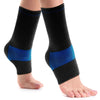 Black and blue Active Ease Compression Ankle Sleeves worn on feet, seamless breathable knit, highlighting best orthopedic.