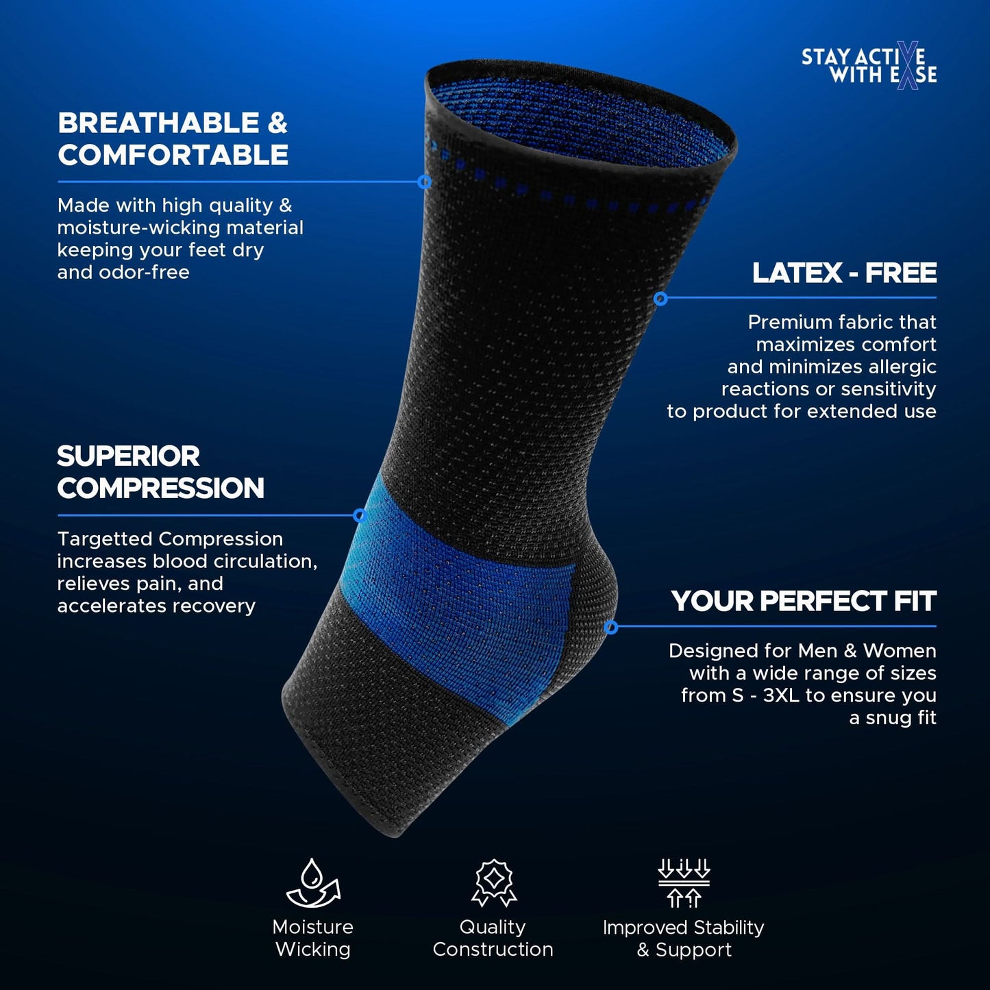 Black and blue breathable compression ankle sleeve with targeted support bands, latex-free and moisture-wicking, made in the .