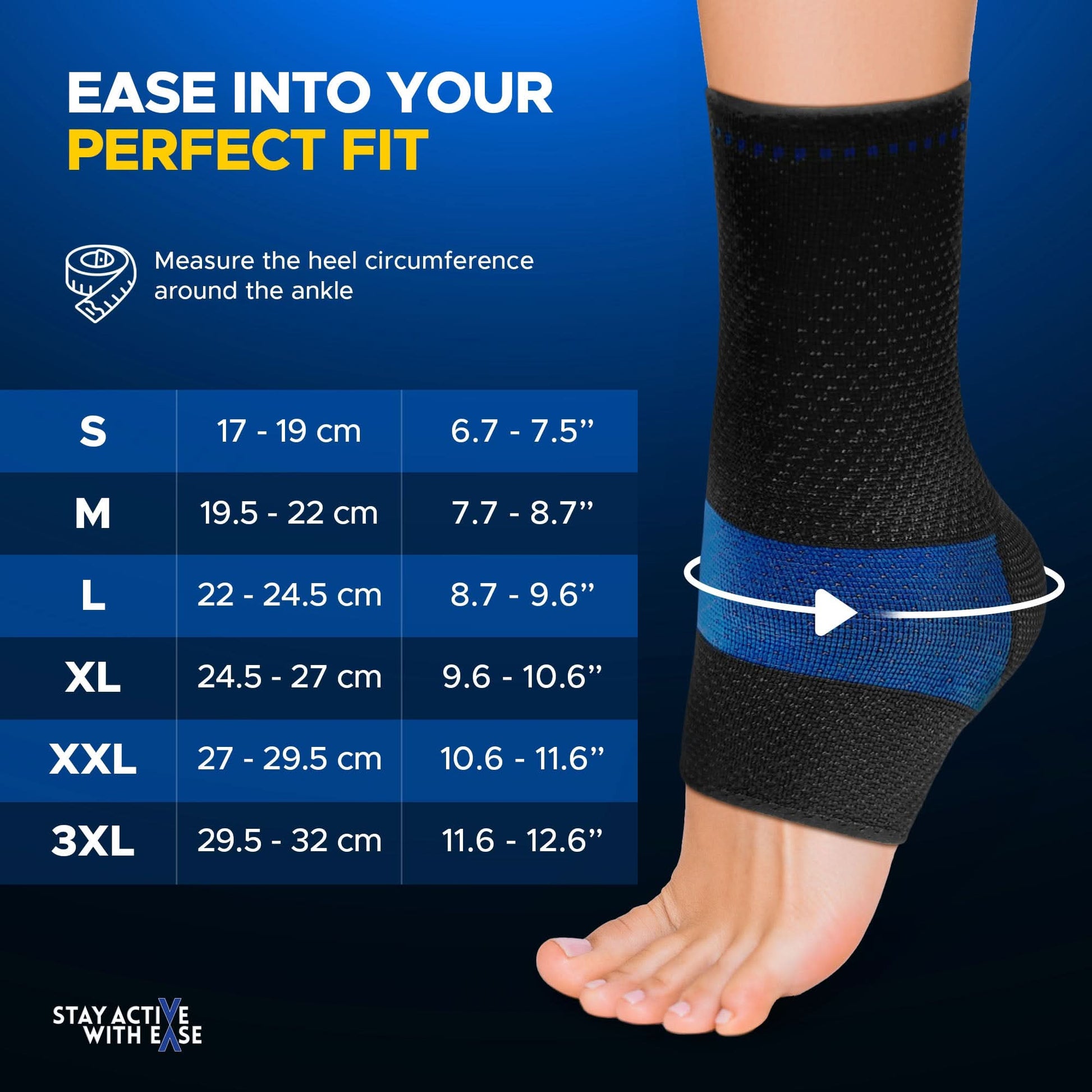 Black Active Ease Compression Ankle Sleeve on foot with blue size guide overlay showing measurements in cm and inches,.
