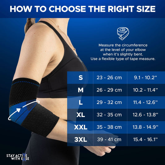 Black ActiveEase Compression Elbow Brace worn on left arm with blue size guide chart showing measurements for Small to 3XL,.