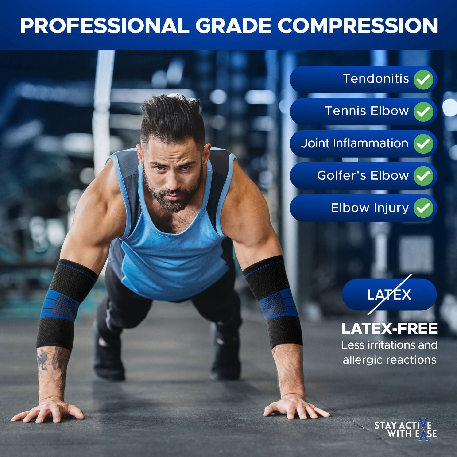 Pair of black ActiveEase compression elbow braces worn on both arms of man doing push-ups in gym, highlighting.