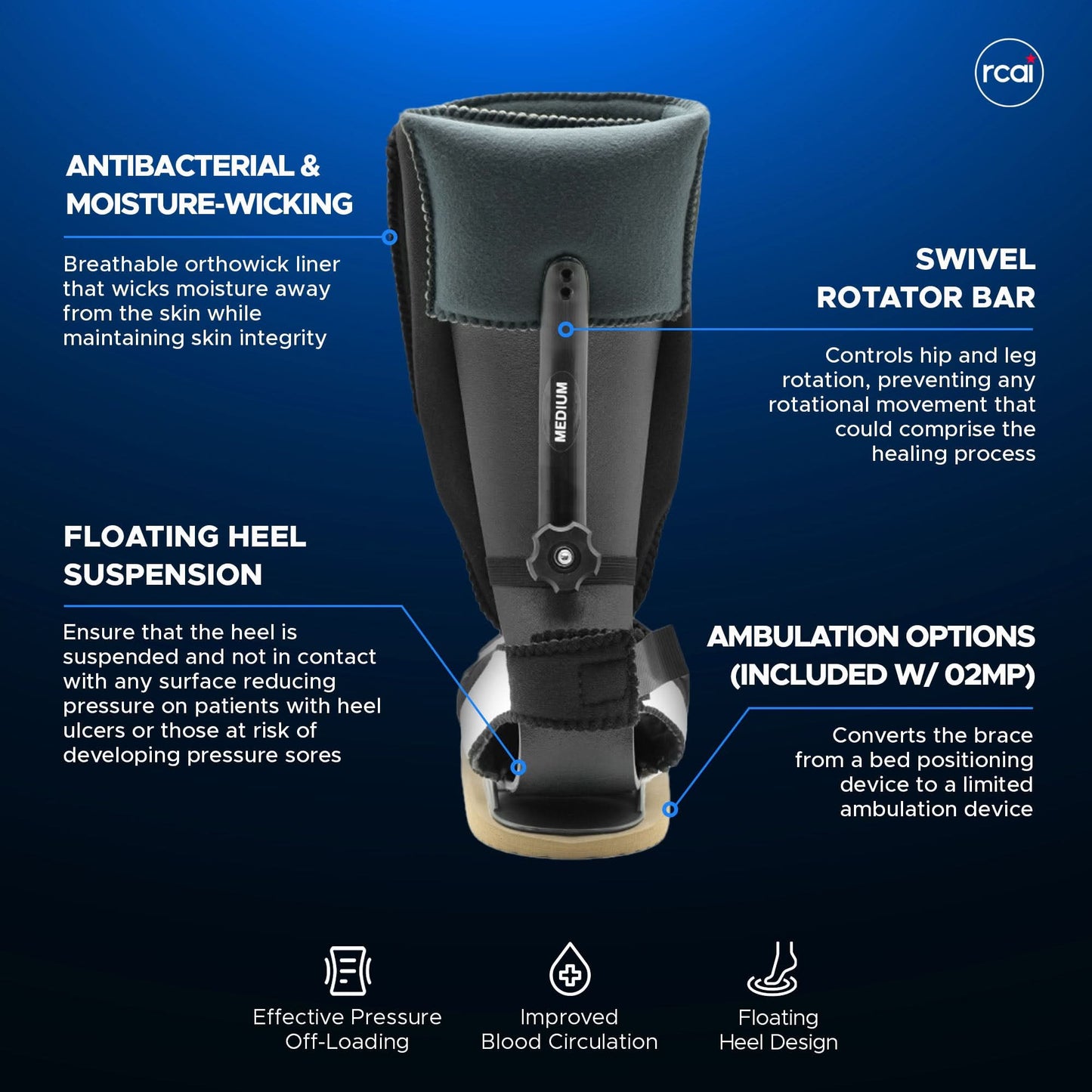 Black RCAI MPO 2000® advanced orthopedic foot drop splint with breathable moisture-wicking liner, floating heel suspension,.