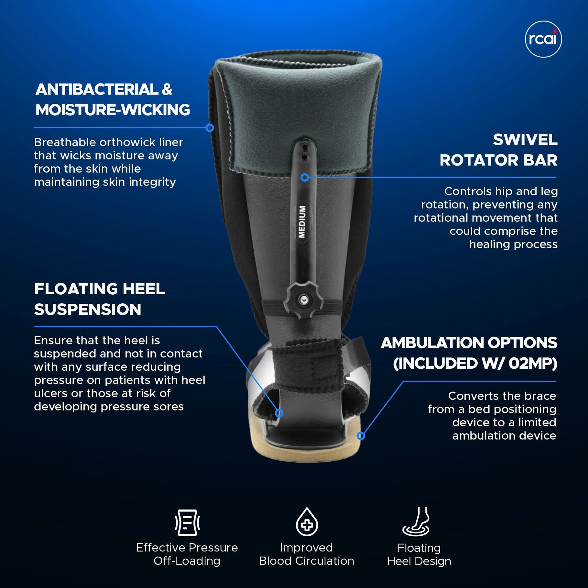 Black RCAI MPO 2000® advanced orthopedic foot drop splint with breathable moisture-wicking liner, floating heel suspension,.