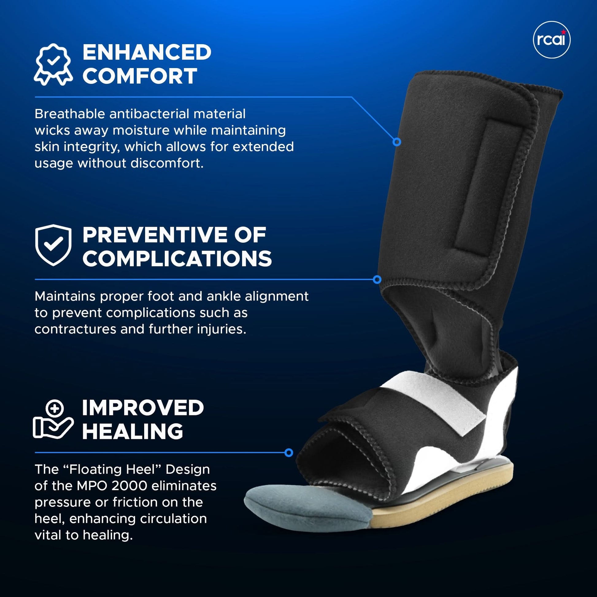 Black RCAI MPO 2000® orthopedic brace with ambulatory attachment featuring breathable antibacterial material, white.